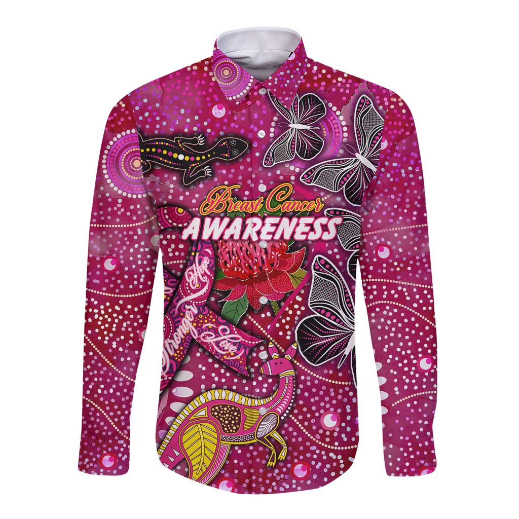 Breast Cancer Awareness Aboriginal Long Sleeve Button Shirt Australian Pink Out