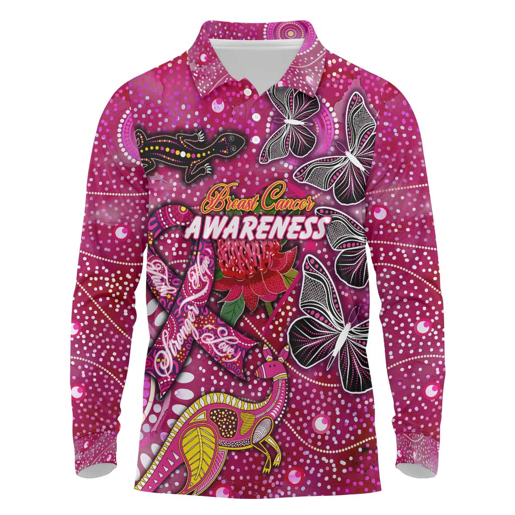 Breast Cancer Awareness Aboriginal Long Sleeve Polo Shirt Australian Pink Out