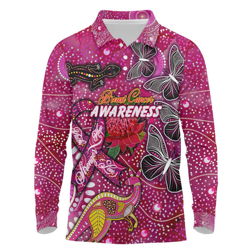 Breast Cancer Awareness Aboriginal Long Sleeve Polo Shirt Australian Pink Out