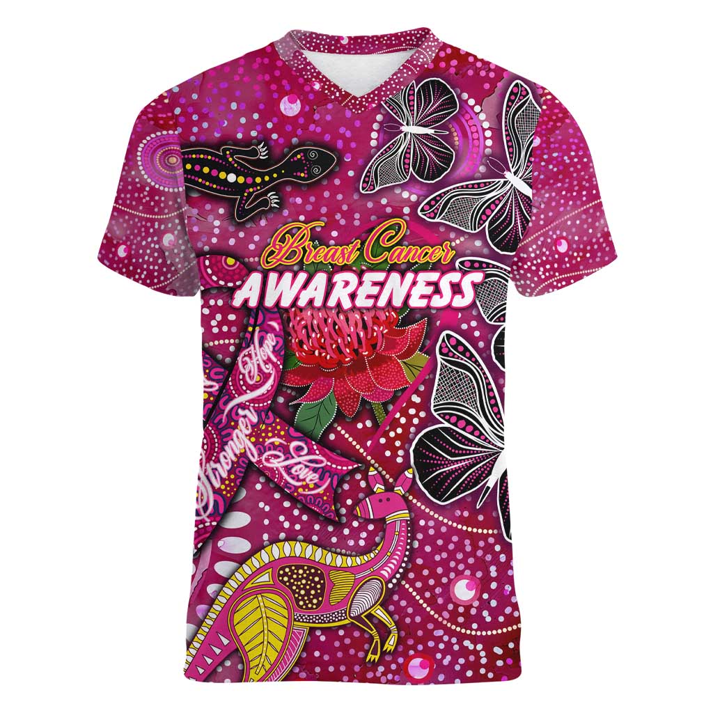 Breast Cancer Awareness Aboriginal Women V-Neck T-Shirt Australian Pink Out