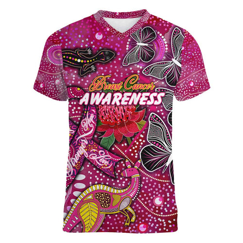 Breast Cancer Awareness Aboriginal Women V-Neck T-Shirt Australian Pink Out