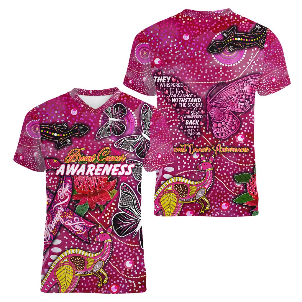 Breast Cancer Awareness Aboriginal Women V-Neck T-Shirt Australian Pink Out