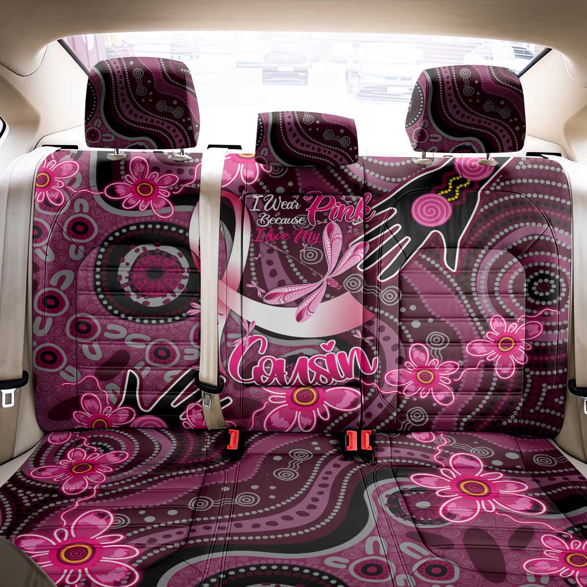 Breast Cancer Australian Aboriginal Back Car Seat Cover I Wear Pink Because I Love My Cousin
