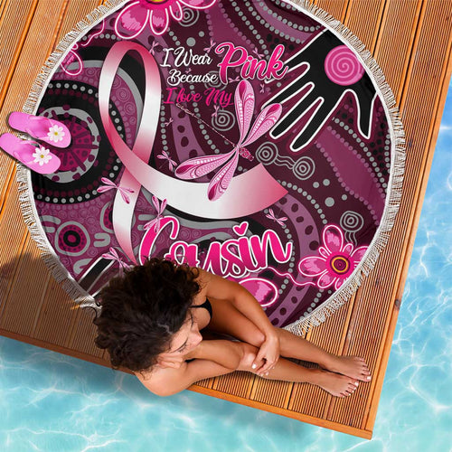 Breast Cancer Australian Aboriginal Beach Blanket I Wear Pink Because I Love My Cousin
