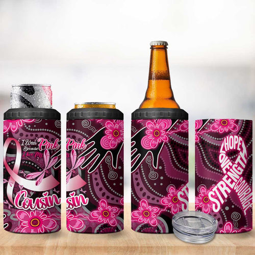 Breast Cancer Australian Aboriginal 4 in 1 Can Cooler Tumbler I Wear Pink Because I Love My Cousin