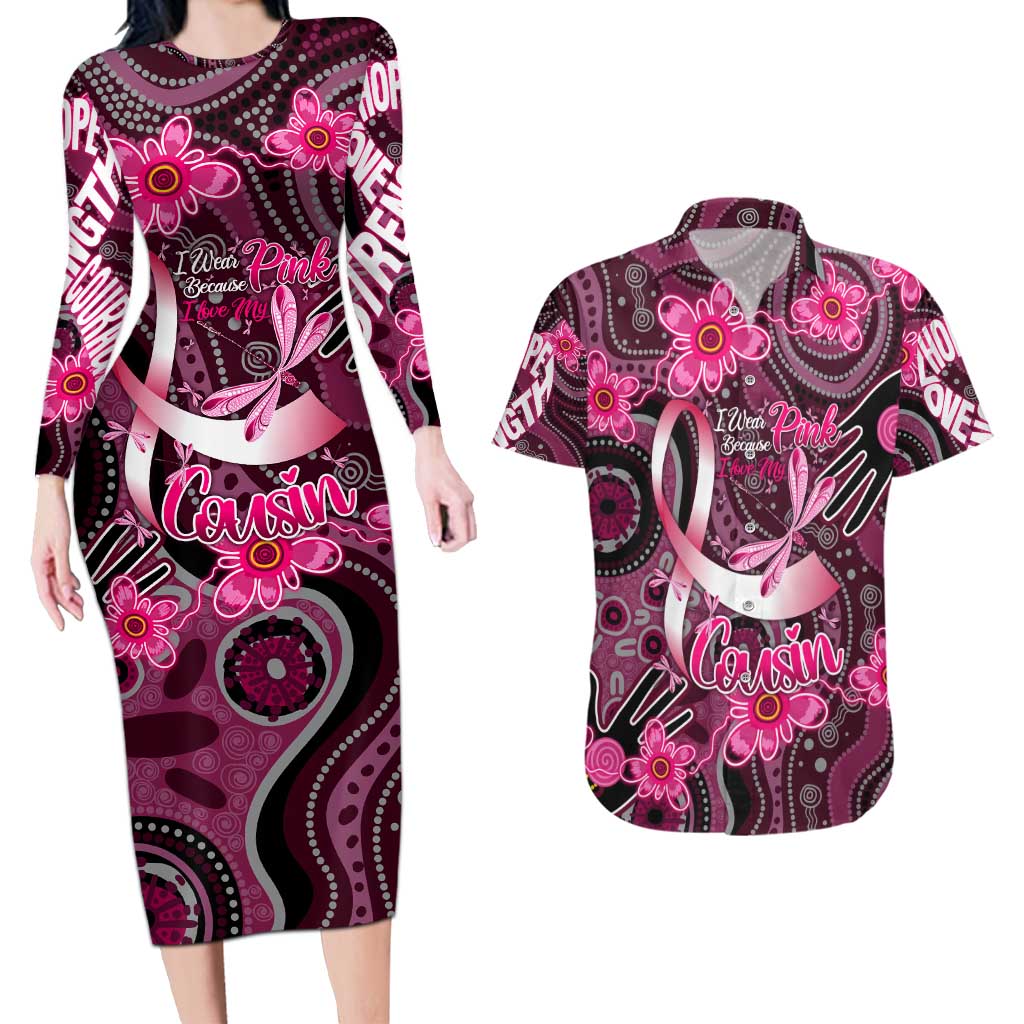 Breast Cancer Australian Aboriginal Couples Matching Long Sleeve Bodycon Dress and Hawaiian Shirt I Wear Pink Because I Love My Cousin