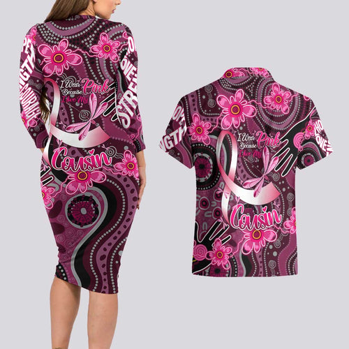 Breast Cancer Australian Aboriginal Couples Matching Long Sleeve Bodycon Dress and Hawaiian Shirt I Wear Pink Because I Love My Cousin