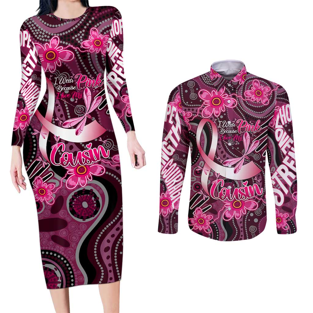 Breast Cancer Australian Aboriginal Couples Matching Long Sleeve Bodycon Dress and Long Sleeve Button Shirt I Wear Pink Because I Love My Cousin