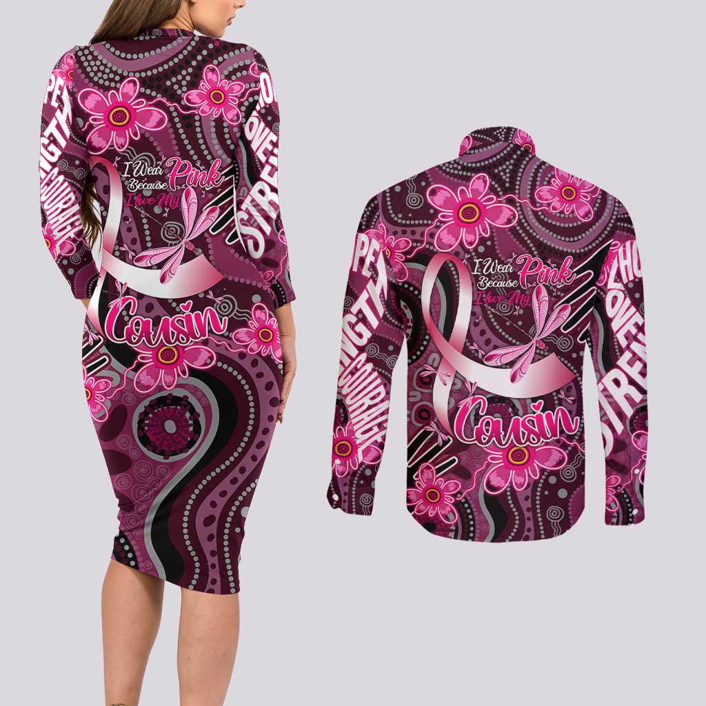 Breast Cancer Australian Aboriginal Couples Matching Long Sleeve Bodycon Dress and Long Sleeve Button Shirt I Wear Pink Because I Love My Cousin