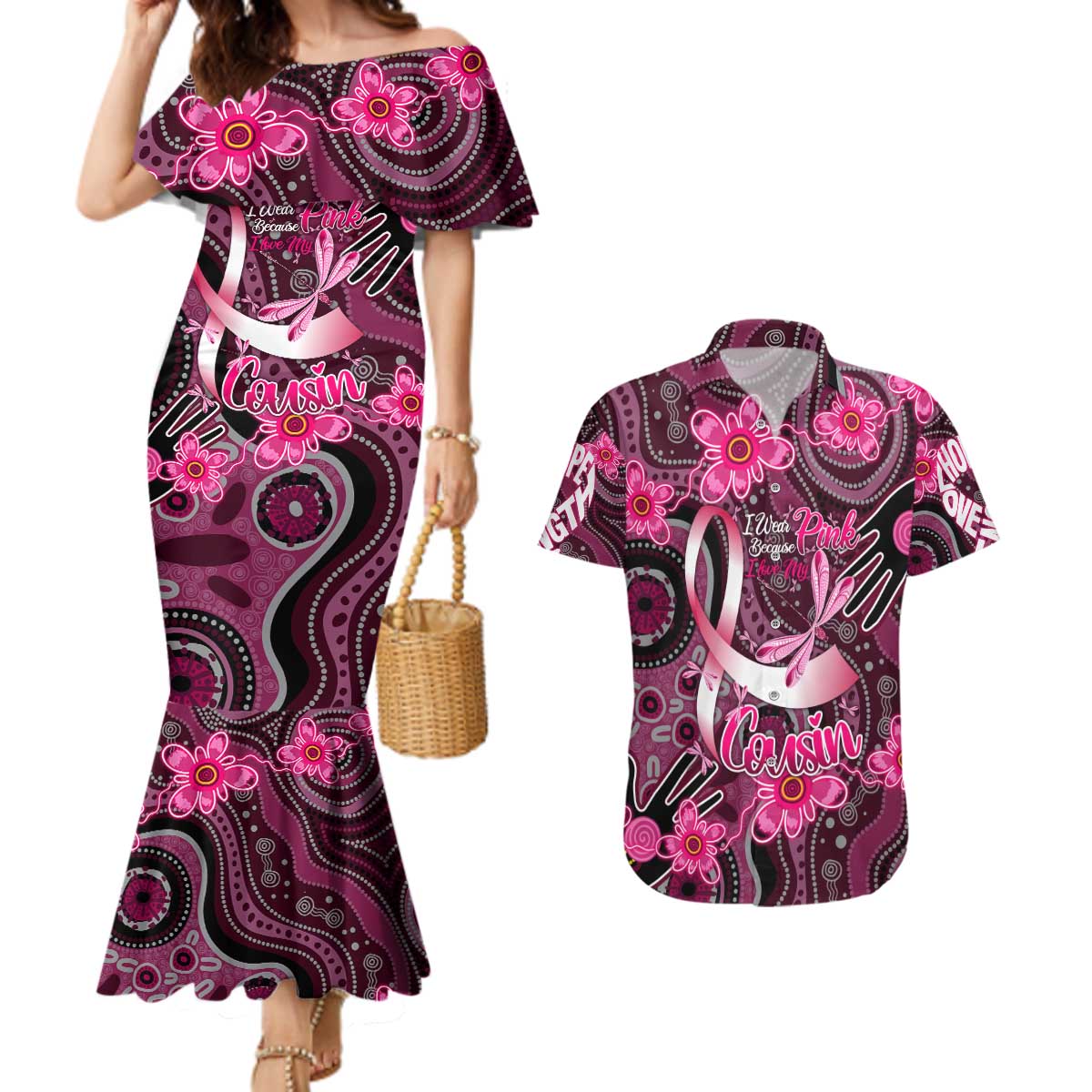 Breast Cancer Australian Aboriginal Couples Matching Mermaid Dress and Hawaiian Shirt I Wear Pink Because I Love My Cousin