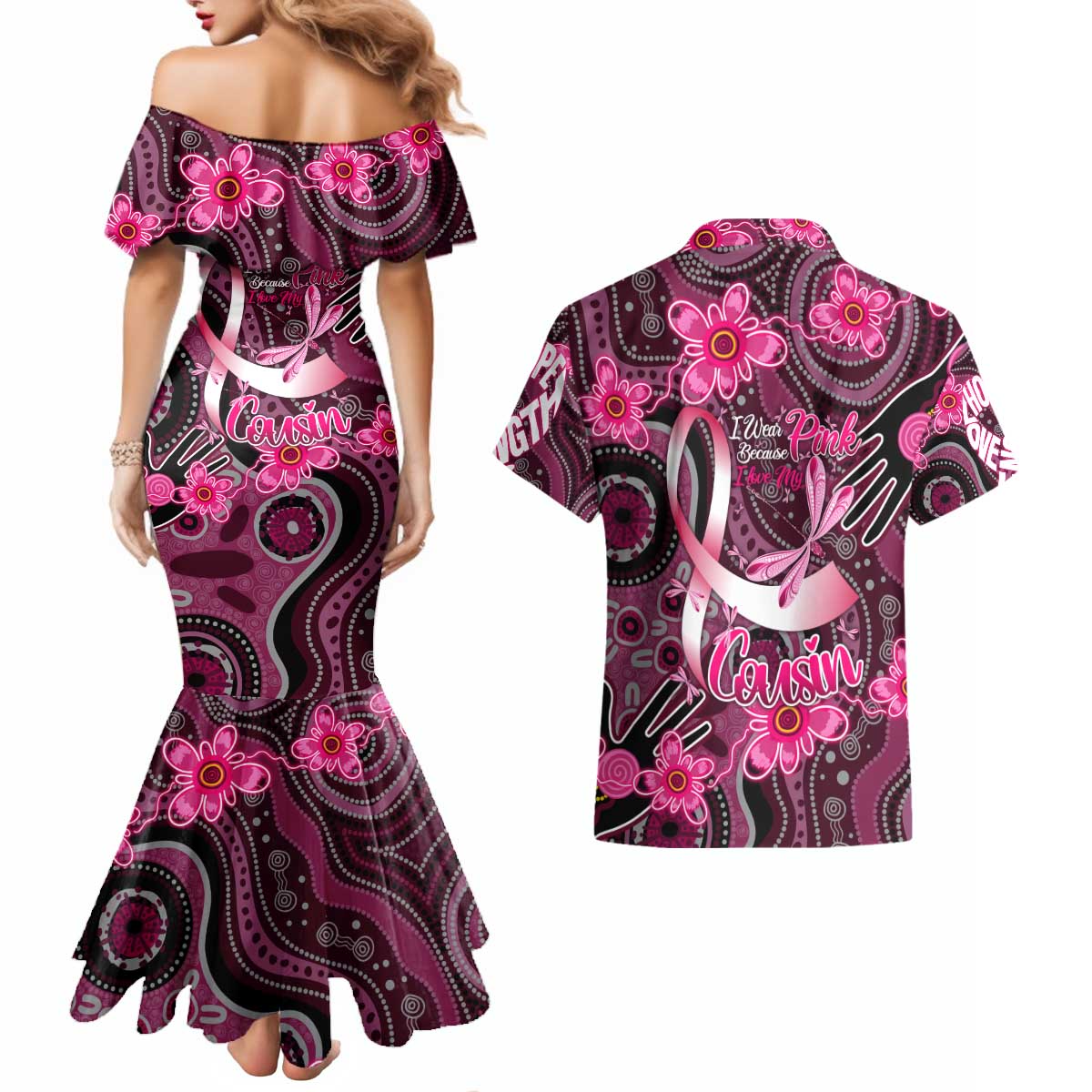 Breast Cancer Australian Aboriginal Couples Matching Mermaid Dress and Hawaiian Shirt I Wear Pink Because I Love My Cousin