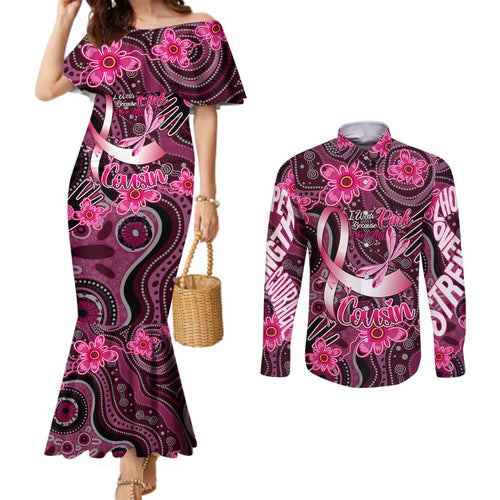 Breast Cancer Australian Aboriginal Couples Matching Mermaid Dress and Long Sleeve Button Shirt I Wear Pink Because I Love My Cousin