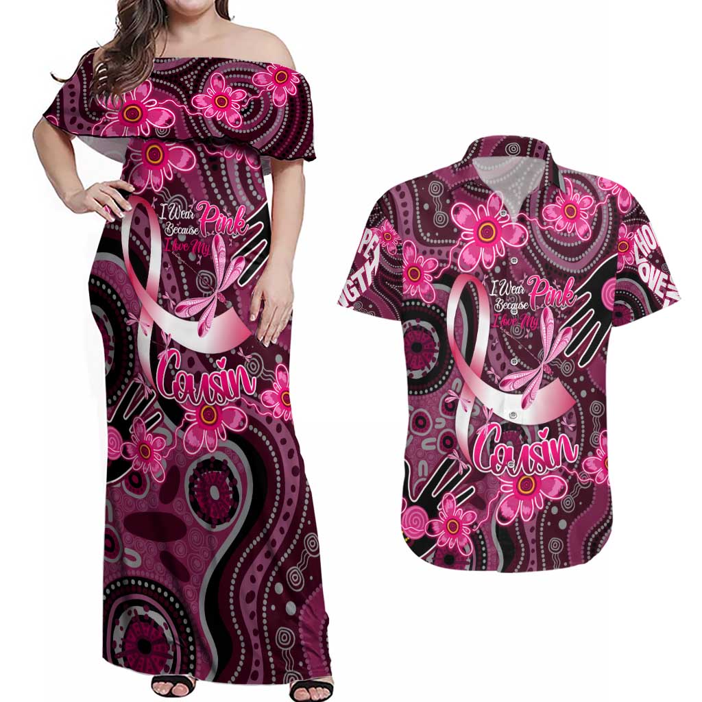 Breast Cancer Australian Aboriginal Couples Matching Off Shoulder Maxi Dress and Hawaiian Shirt I Wear Pink Because I Love My Cousin