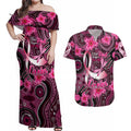 Breast Cancer Australian Aboriginal Couples Matching Off Shoulder Maxi Dress and Hawaiian Shirt I Wear Pink Because I Love My Cousin