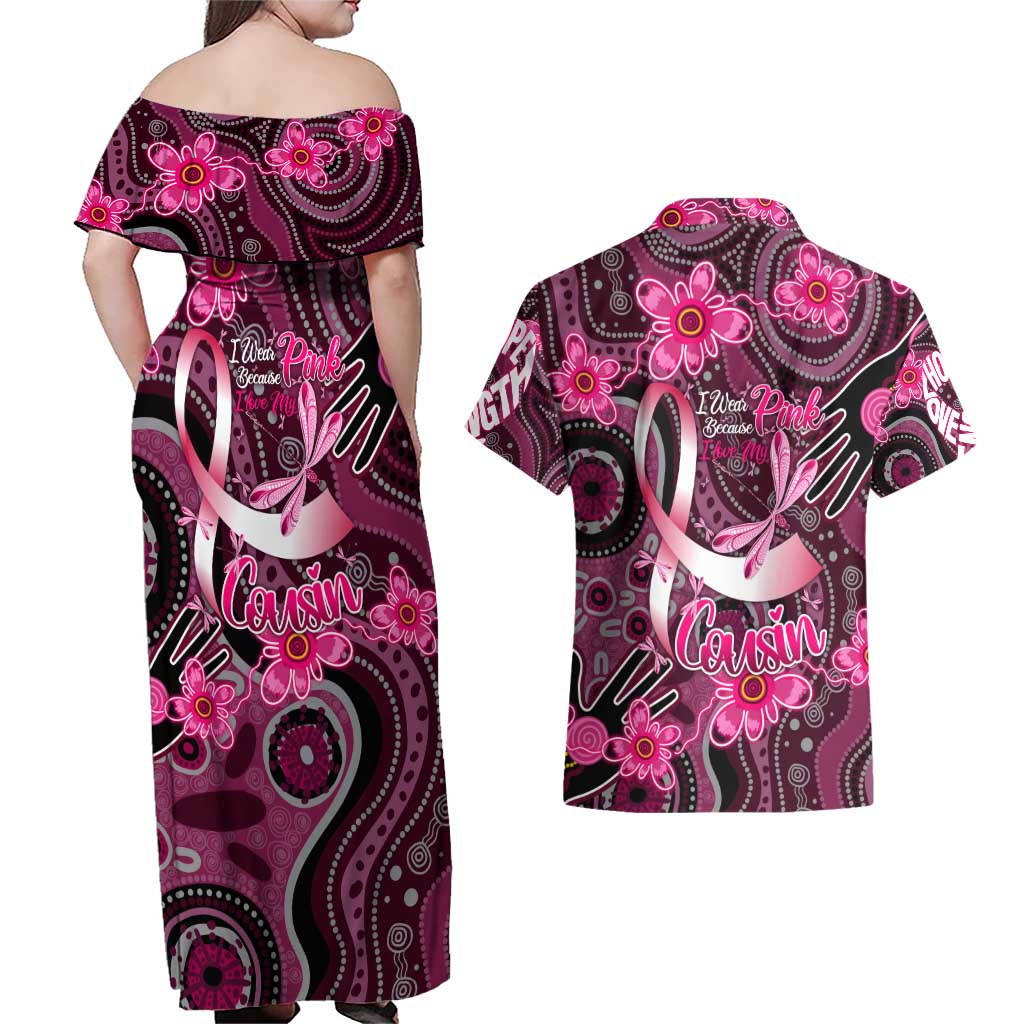 Breast Cancer Australian Aboriginal Couples Matching Off Shoulder Maxi Dress and Hawaiian Shirt I Wear Pink Because I Love My Cousin
