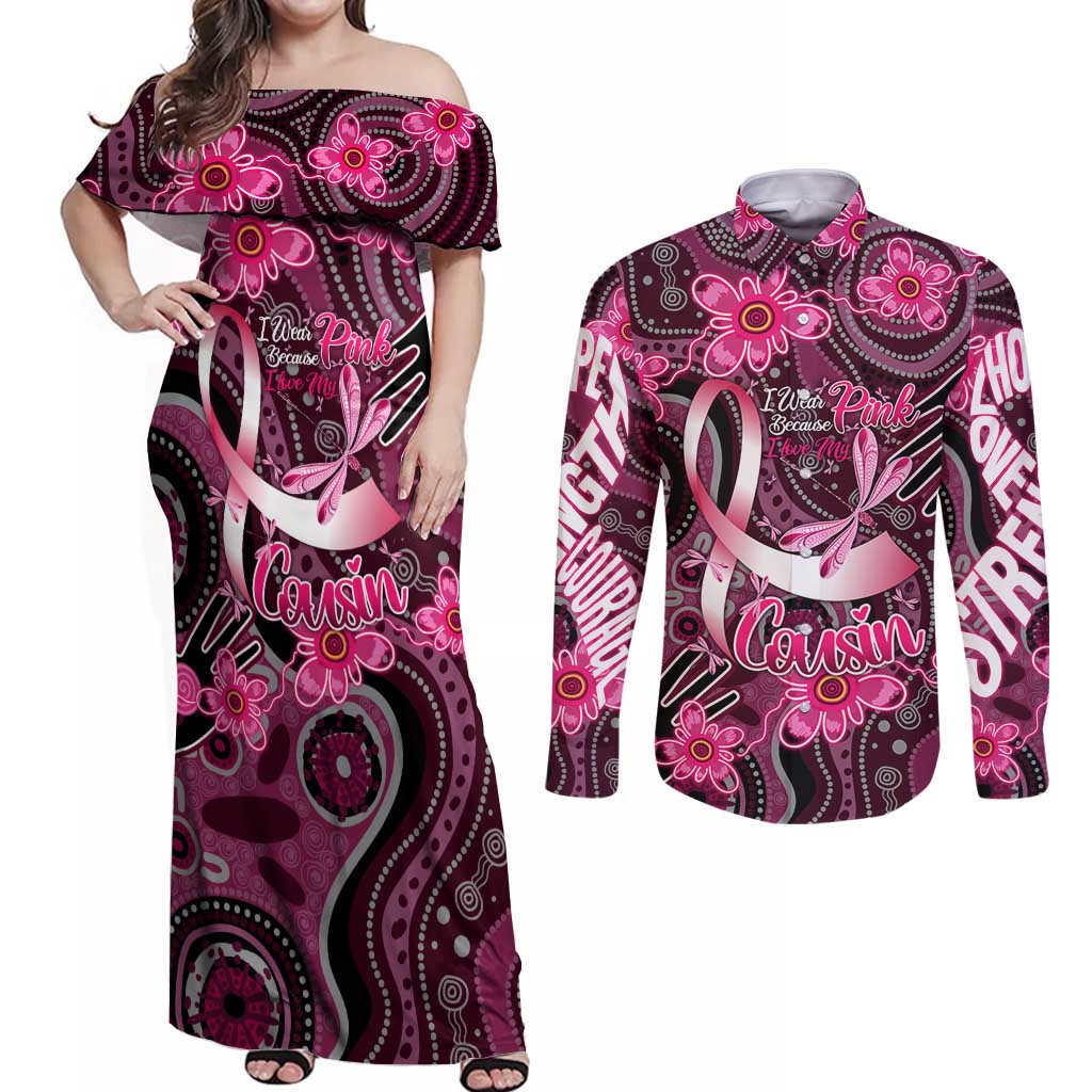 Breast Cancer Australian Aboriginal Couples Matching Off Shoulder Maxi Dress and Long Sleeve Button Shirt I Wear Pink Because I Love My Cousin