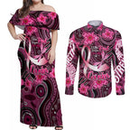 Breast Cancer Australian Aboriginal Couples Matching Off Shoulder Maxi Dress and Long Sleeve Button Shirt I Wear Pink Because I Love My Cousin