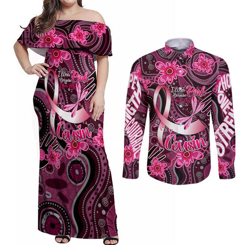Breast Cancer Australian Aboriginal Couples Matching Off Shoulder Maxi Dress and Long Sleeve Button Shirt I Wear Pink Because I Love My Cousin