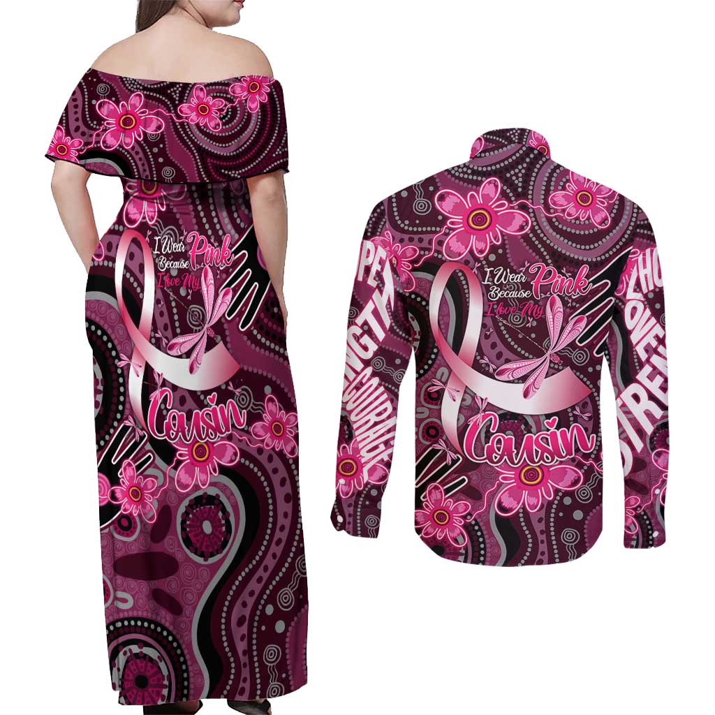 Breast Cancer Australian Aboriginal Couples Matching Off Shoulder Maxi Dress and Long Sleeve Button Shirt I Wear Pink Because I Love My Cousin