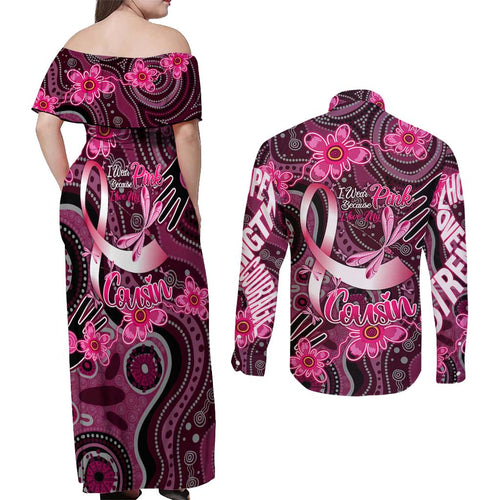 Breast Cancer Australian Aboriginal Couples Matching Off Shoulder Maxi Dress and Long Sleeve Button Shirt I Wear Pink Because I Love My Cousin
