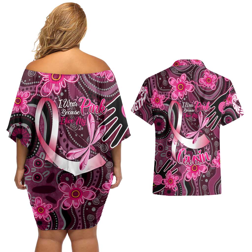 Breast Cancer Australian Aboriginal Couples Matching Off Shoulder Short Dress and Hawaiian Shirt I Wear Pink Because I Love My Cousin