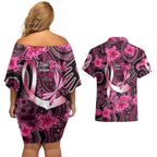 Breast Cancer Australian Aboriginal Couples Matching Off Shoulder Short Dress and Hawaiian Shirt I Wear Pink Because I Love My Cousin