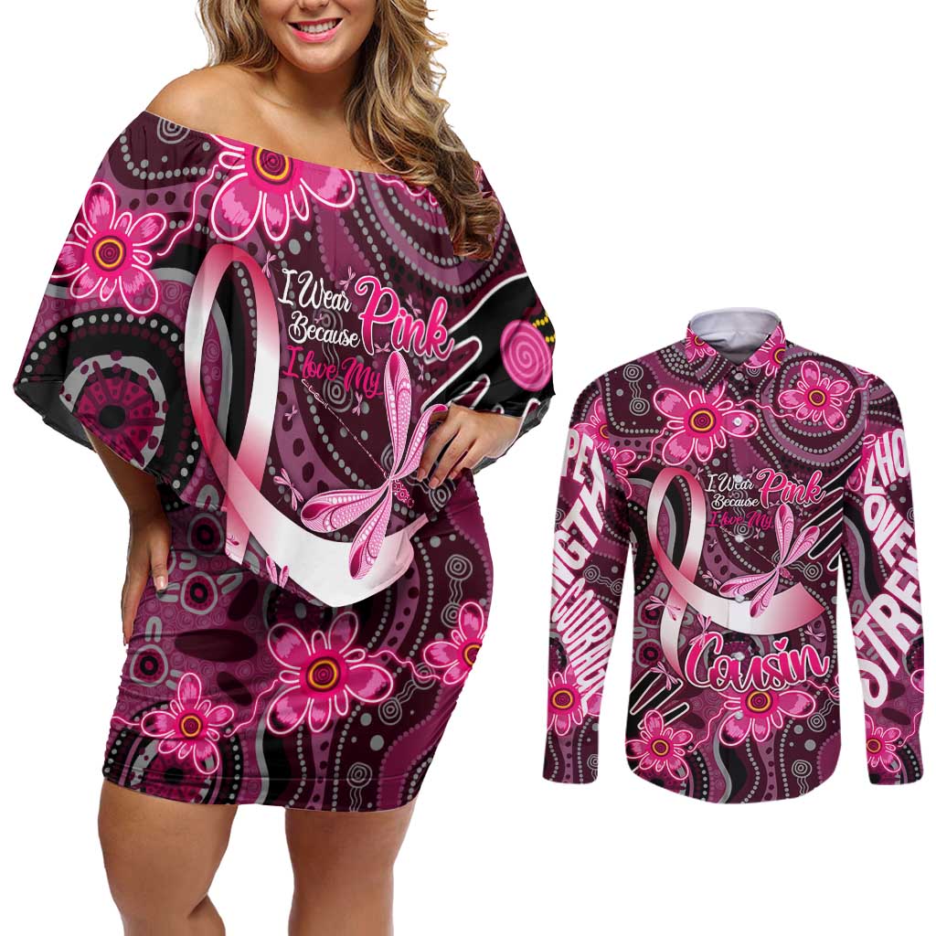 Breast Cancer Australian Aboriginal Couples Matching Off Shoulder Short Dress and Long Sleeve Button Shirt I Wear Pink Because I Love My Cousin