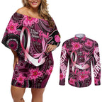 Breast Cancer Australian Aboriginal Couples Matching Off Shoulder Short Dress and Long Sleeve Button Shirt I Wear Pink Because I Love My Cousin