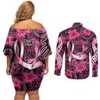 Breast Cancer Australian Aboriginal Couples Matching Off Shoulder Short Dress and Long Sleeve Button Shirt I Wear Pink Because I Love My Cousin
