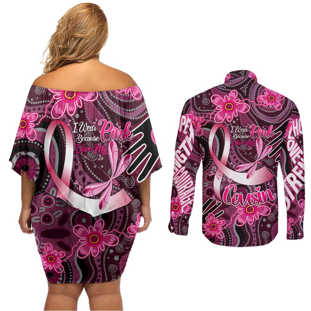 Breast Cancer Australian Aboriginal Couples Matching Off Shoulder Short Dress and Long Sleeve Button Shirt I Wear Pink Because I Love My Cousin