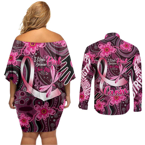 Breast Cancer Australian Aboriginal Couples Matching Off Shoulder Short Dress and Long Sleeve Button Shirt I Wear Pink Because I Love My Cousin