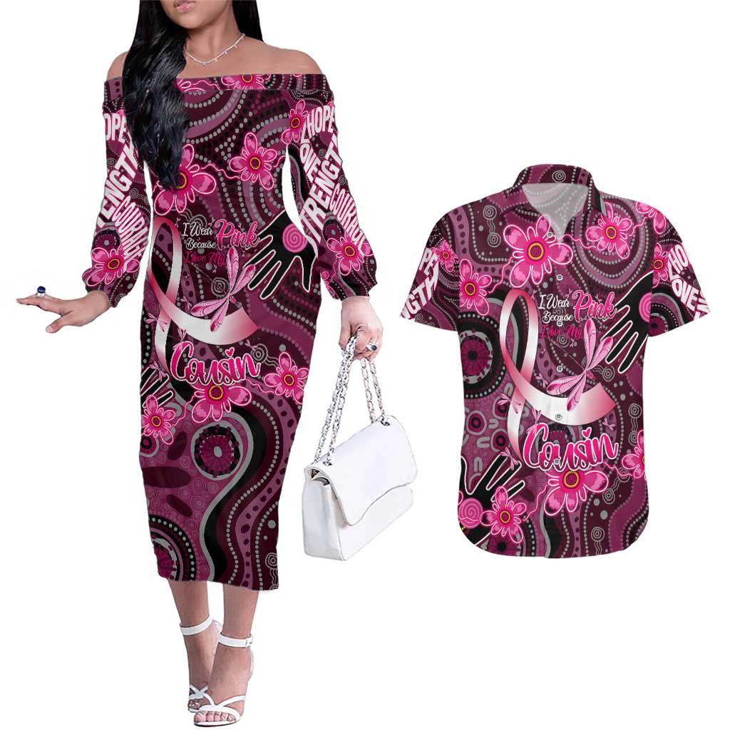 Breast Cancer Australian Aboriginal Couples Matching Off The Shoulder Long Sleeve Dress and Hawaiian Shirt I Wear Pink Because I Love My Cousin