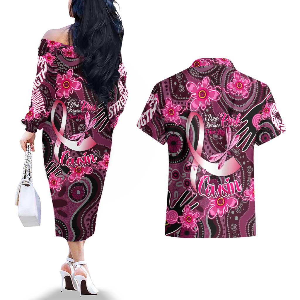 Breast Cancer Australian Aboriginal Couples Matching Off The Shoulder Long Sleeve Dress and Hawaiian Shirt I Wear Pink Because I Love My Cousin