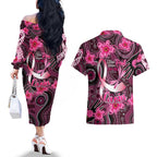 Breast Cancer Australian Aboriginal Couples Matching Off The Shoulder Long Sleeve Dress and Hawaiian Shirt I Wear Pink Because I Love My Cousin