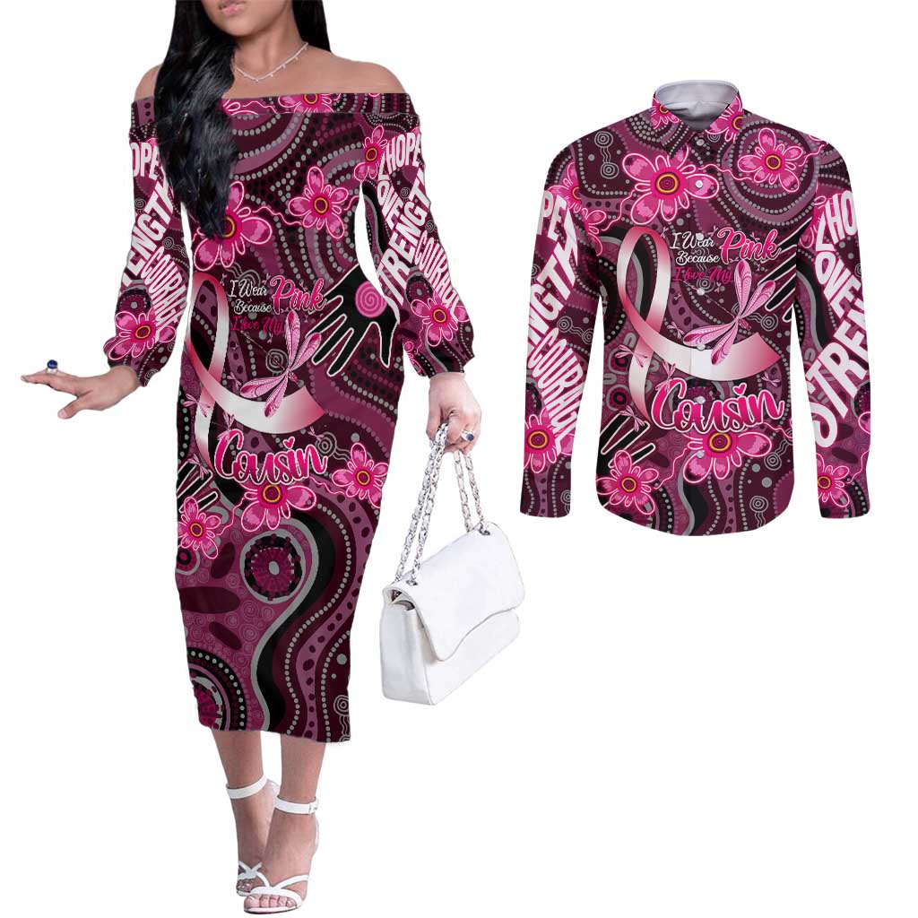 Breast Cancer Australian Aboriginal Couples Matching Off The Shoulder Long Sleeve Dress and Long Sleeve Button Shirt I Wear Pink Because I Love My Cousin