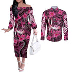Breast Cancer Australian Aboriginal Couples Matching Off The Shoulder Long Sleeve Dress and Long Sleeve Button Shirt I Wear Pink Because I Love My Cousin