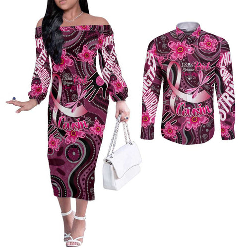 Breast Cancer Australian Aboriginal Couples Matching Off The Shoulder Long Sleeve Dress and Long Sleeve Button Shirt I Wear Pink Because I Love My Cousin
