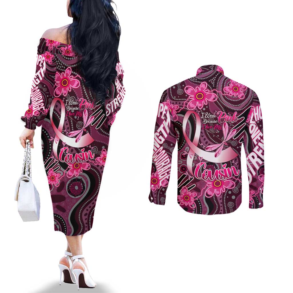 Breast Cancer Australian Aboriginal Couples Matching Off The Shoulder Long Sleeve Dress and Long Sleeve Button Shirt I Wear Pink Because I Love My Cousin