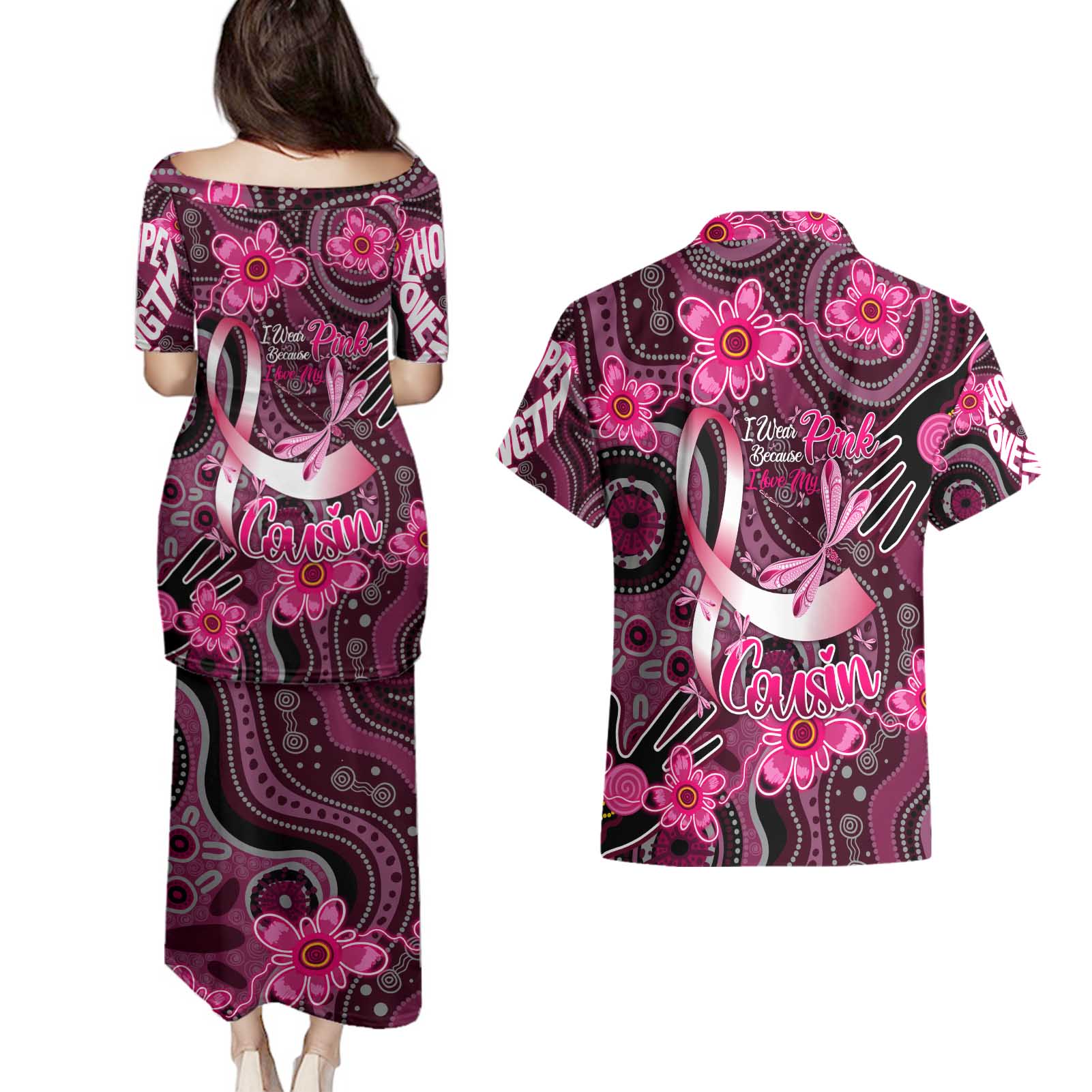 Breast Cancer Australian Aboriginal Couples Matching Puletasi and Hawaiian Shirt I Wear Pink Because I Love My Cousin