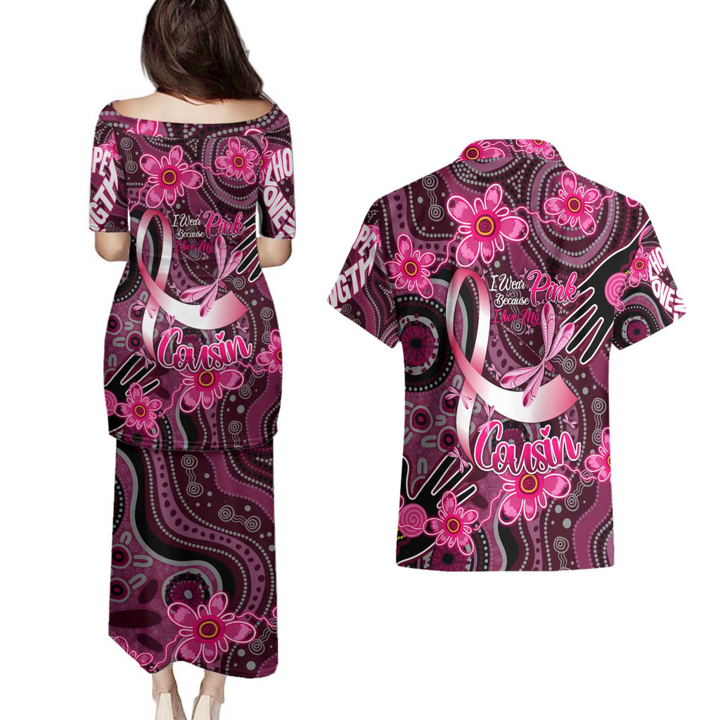 Breast Cancer Australian Aboriginal Couples Matching Puletasi and Hawaiian Shirt I Wear Pink Because I Love My Cousin