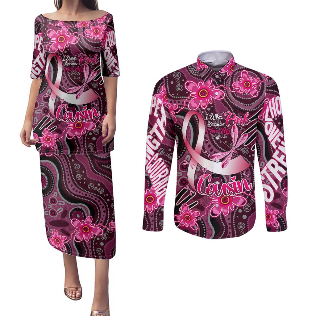 Breast Cancer Australian Aboriginal Couples Matching Puletasi and Long Sleeve Button Shirt I Wear Pink Because I Love My Cousin