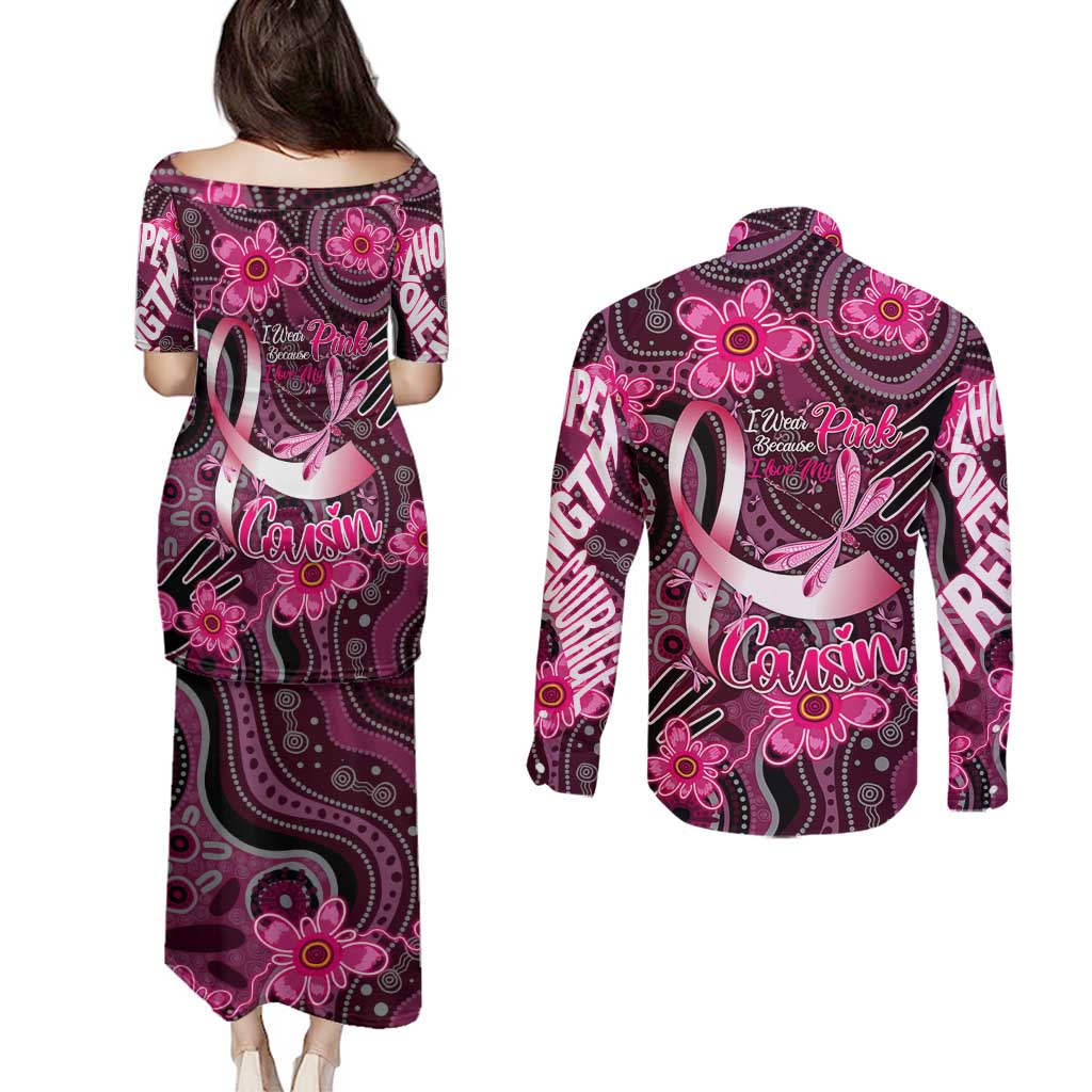 Breast Cancer Australian Aboriginal Couples Matching Puletasi and Long Sleeve Button Shirt I Wear Pink Because I Love My Cousin