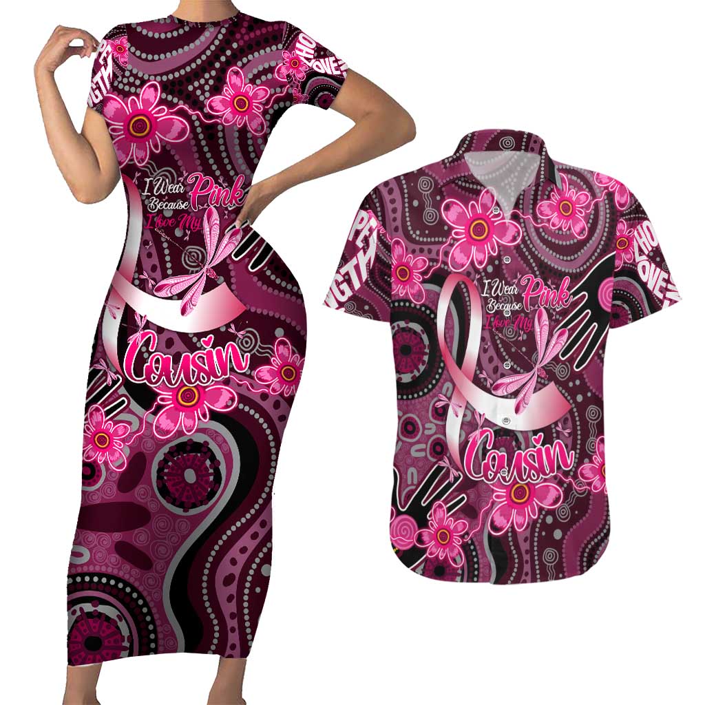 Breast Cancer Australian Aboriginal Couples Matching Short Sleeve Bodycon Dress and Hawaiian Shirt I Wear Pink Because I Love My Cousin