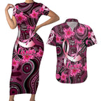 Breast Cancer Australian Aboriginal Couples Matching Short Sleeve Bodycon Dress and Hawaiian Shirt I Wear Pink Because I Love My Cousin