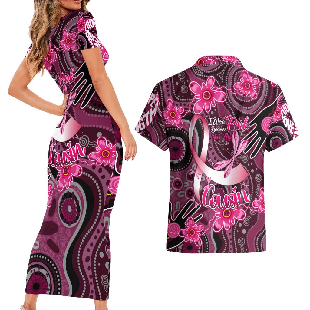 Breast Cancer Australian Aboriginal Couples Matching Short Sleeve Bodycon Dress and Hawaiian Shirt I Wear Pink Because I Love My Cousin