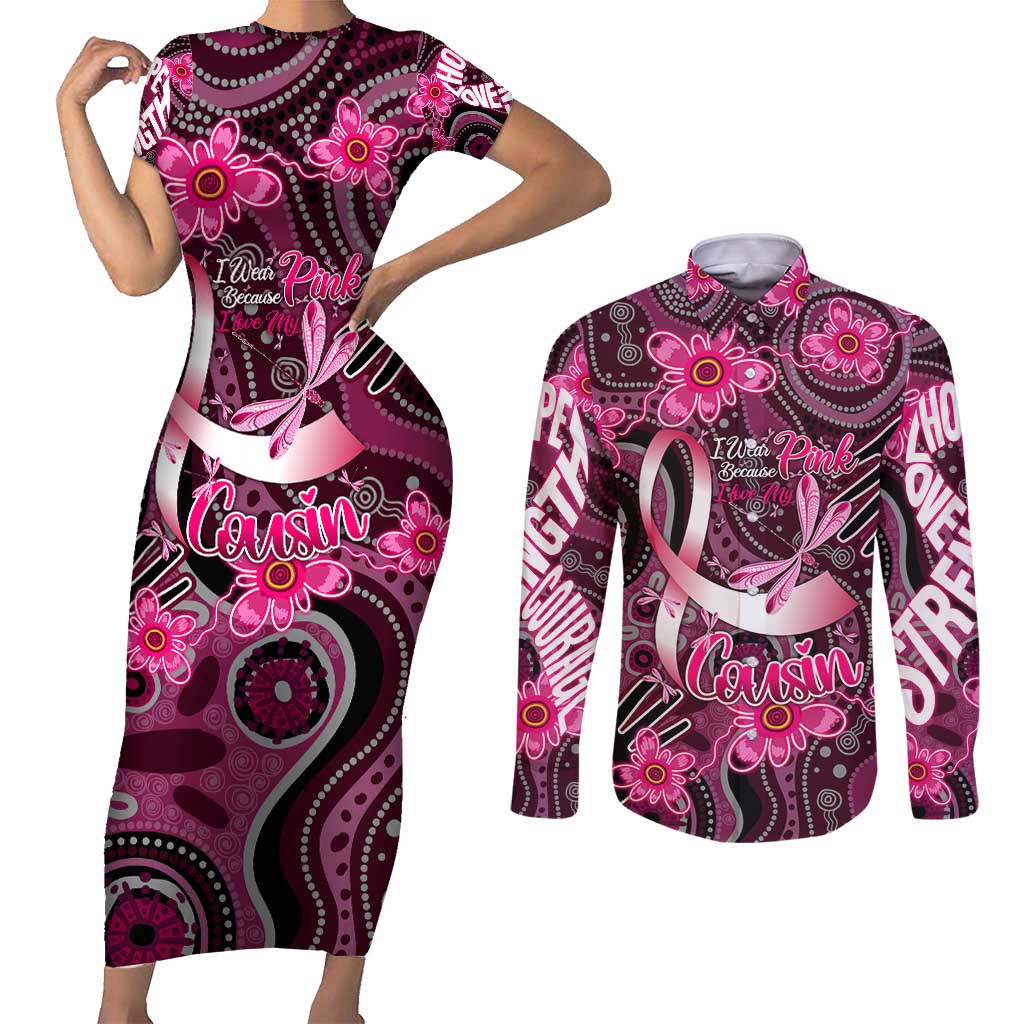 Breast Cancer Australian Aboriginal Couples Matching Short Sleeve Bodycon Dress and Long Sleeve Button Shirt I Wear Pink Because I Love My Cousin
