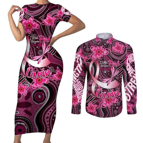 Breast Cancer Australian Aboriginal Couples Matching Short Sleeve Bodycon Dress and Long Sleeve Button Shirt I Wear Pink Because I Love My Cousin