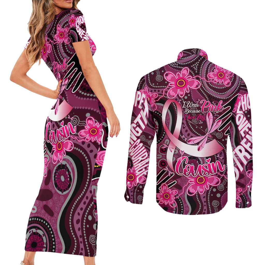 Breast Cancer Australian Aboriginal Couples Matching Short Sleeve Bodycon Dress and Long Sleeve Button Shirt I Wear Pink Because I Love My Cousin