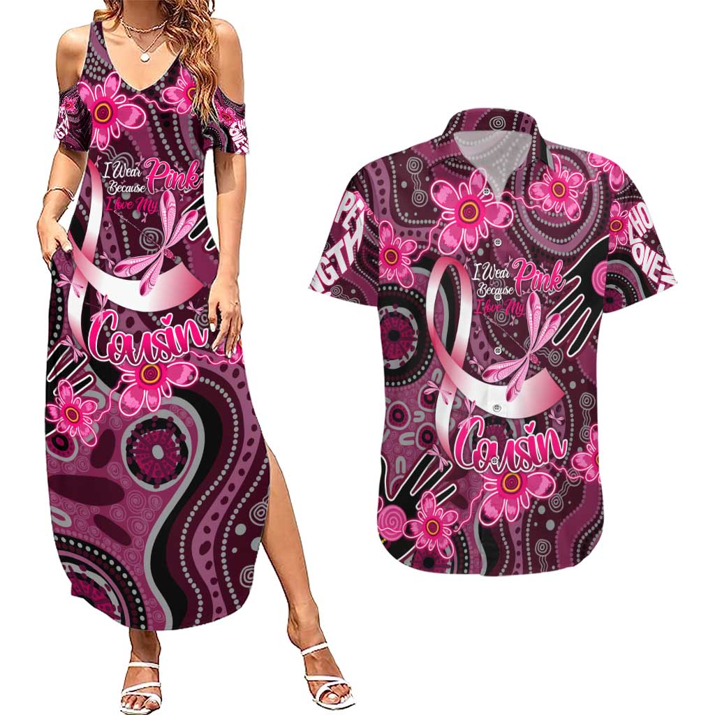 Breast Cancer Australian Aboriginal Couples Matching Summer Maxi Dress and Hawaiian Shirt I Wear Pink Because I Love My Cousin