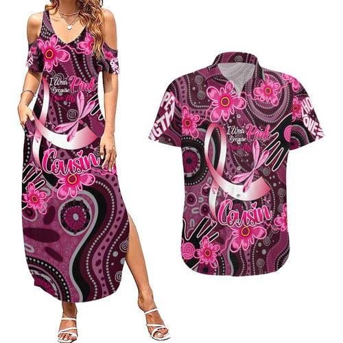 Breast Cancer Australian Aboriginal Couples Matching Summer Maxi Dress and Hawaiian Shirt I Wear Pink Because I Love My Cousin